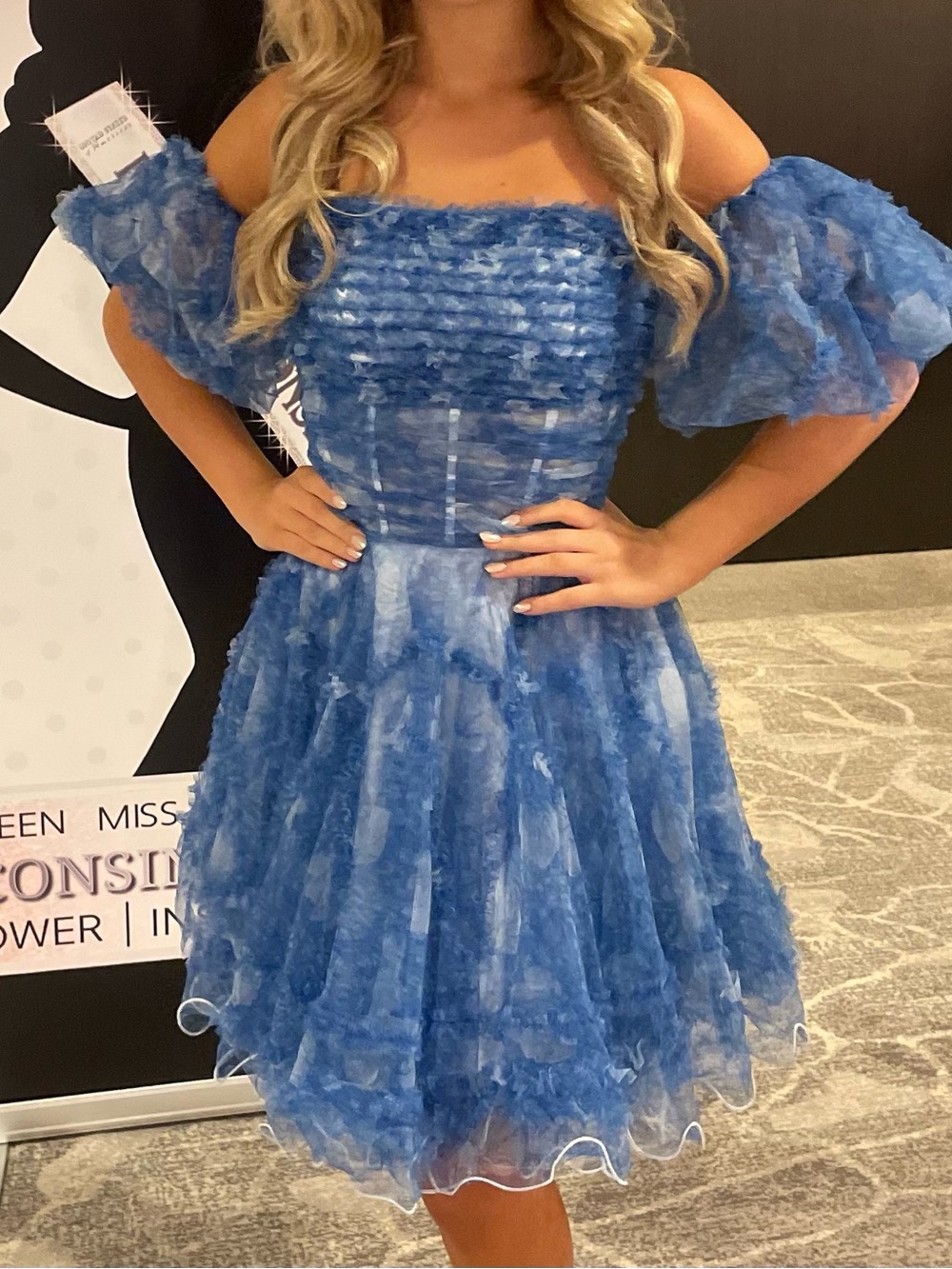 Blue Off-Shoulder Ruffle Mini Dress - Picture 2 of 2